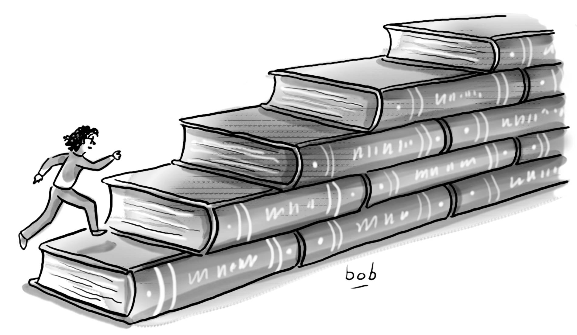 Cartoon by Bob Eckstein. Jane Friedman runs up a stairway made from thick hardcover tomes.