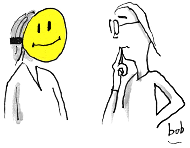 Illustration by Bob Eckstein of a person staring thoughtfully at another person who’s wearing a bright yellow smiley-face mask.