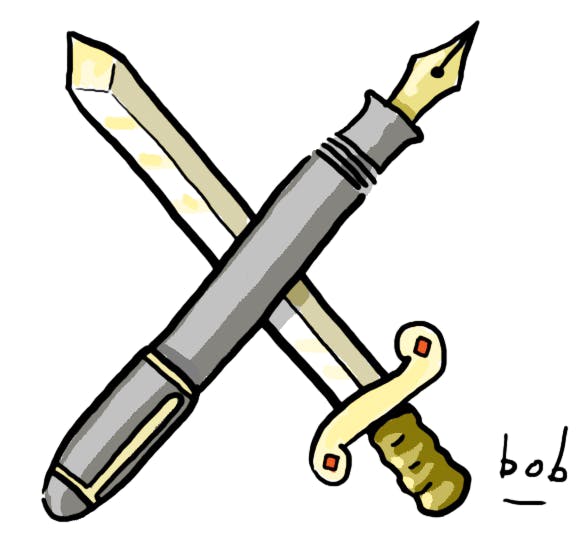 Cartoon by Bob Eckstein. A fountain pen and a golden sword are crossed in the style of a regal crest.