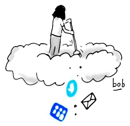 Cartoon by Bob Eckstein. Jane Friedman stands in a cloud, sweeping with a broom, as icons like a Twitter logo and an email envelope drop away.