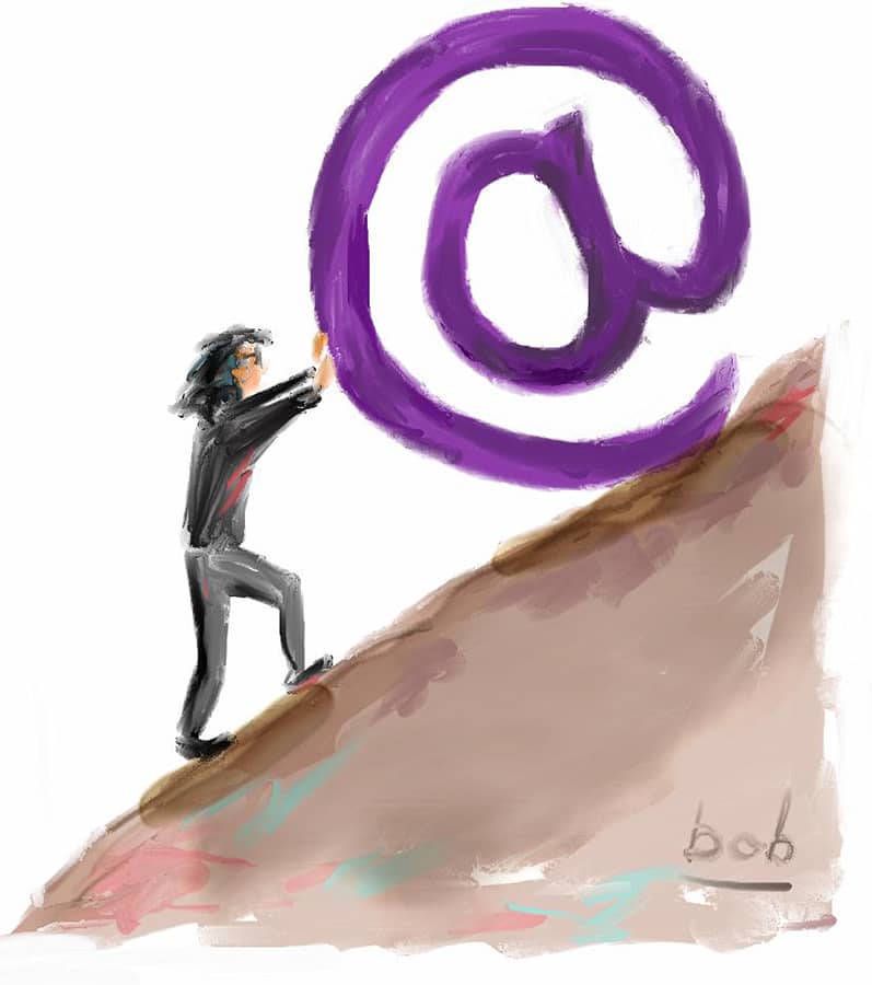 Illustration by Bob Eckstein of Jane Friedman pushing an enormous @ (at sign) up a hill in the style of Sisyphus.