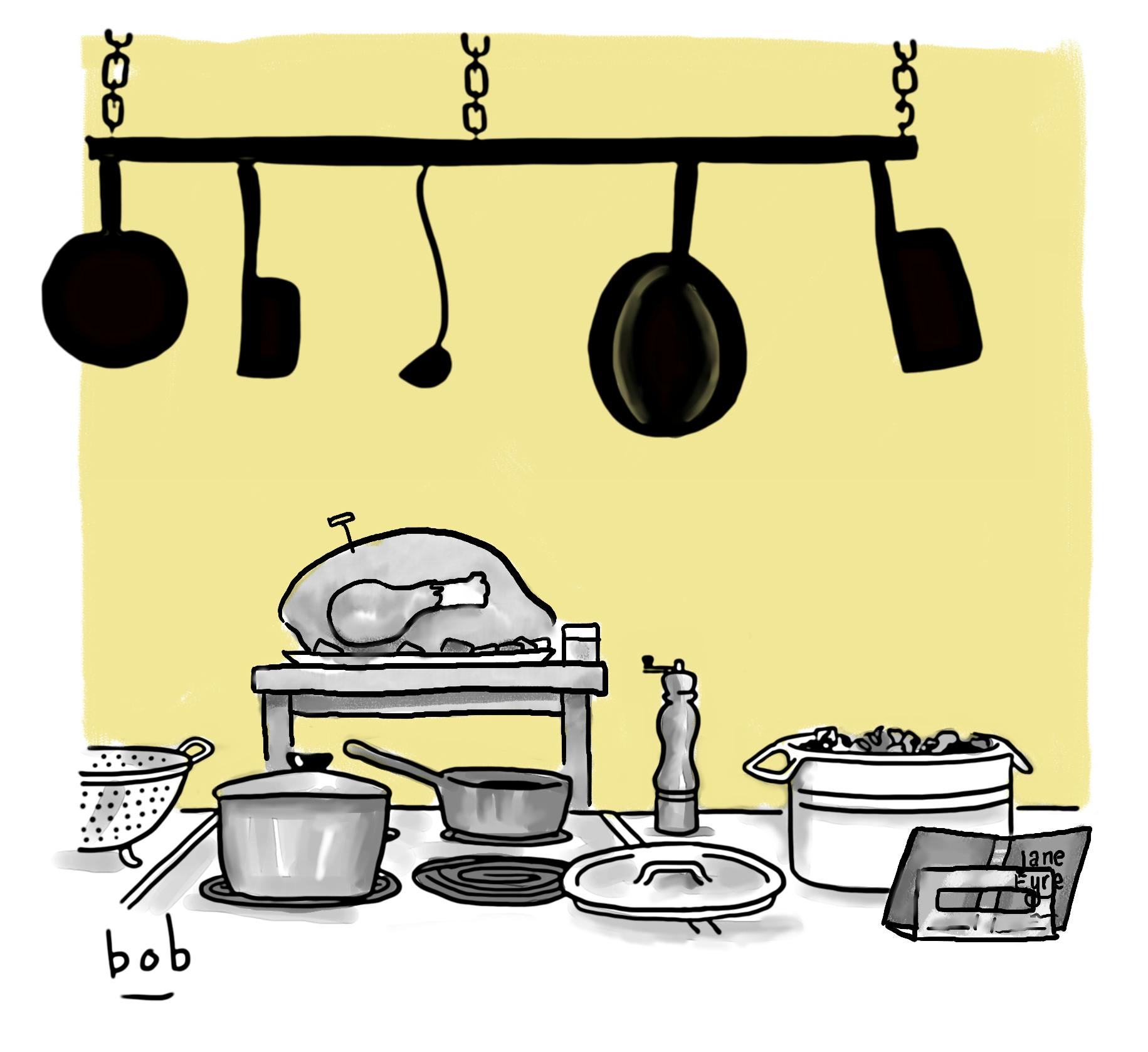 Cartoon by Bob Eckstein. A roasted turkey rests on a platter among an assortment of pots and pans in an elegant kitchen. Instead of a cookbook for reference, an open copy of Jane Eyre rests in a holder.