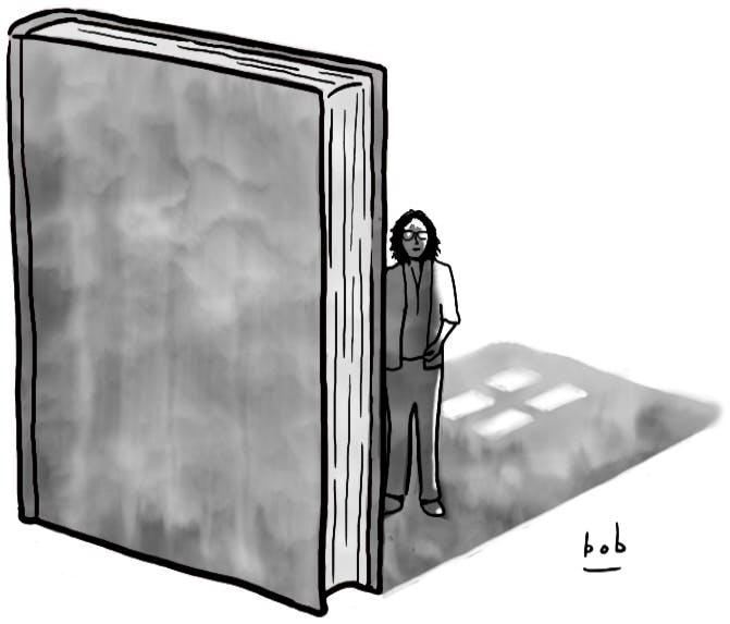 Cartoon by Bob Eckstein: A tall hardcover book stands vertically, casting a shadow onto Jane Friedman who stands behind the books, and onto the floor beyond her. The shadow has a four-paned window, even though the book does not.