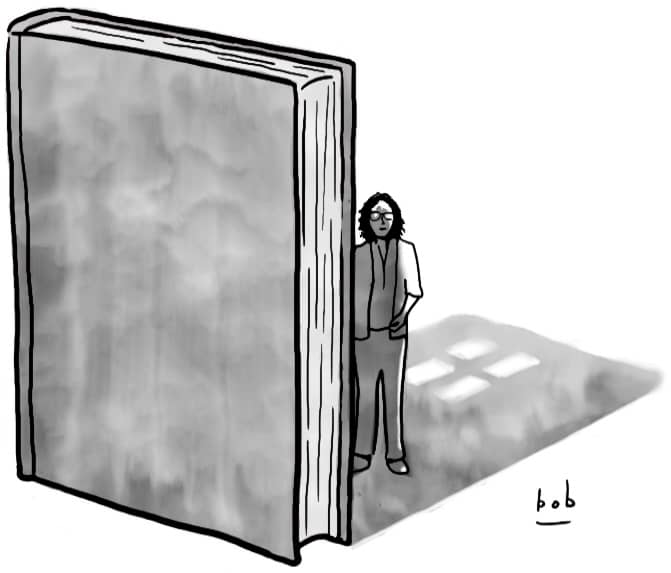 Cartoon by Bob Eckstein: A tall hardcover book stands vertically, casting a shadow onto Jane Friedman who stands behind the books, and onto the floor beyond her. The shadow has a four-paned window, even though the book does not.