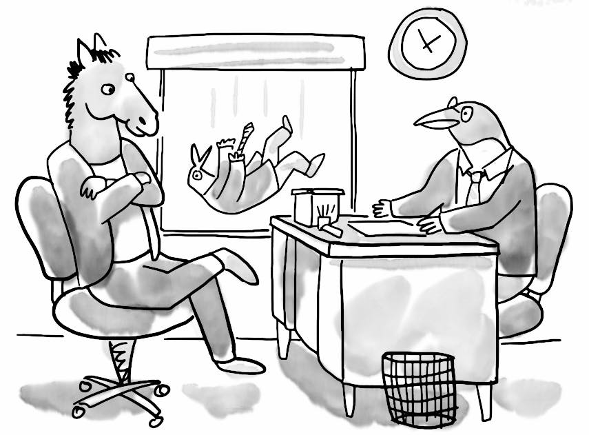 Cartoon by Bob Eckstein of characters from the TV show BoJack Horseman. BoJack, an anthropomorphic horse, sits in a chair across the desk from his book publisher, Pinky Penguin of Penguin Publishing. Through the office window, one of Pinky’s colleagues can be seen falling from an upper floor of the building.