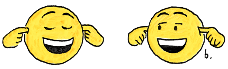Illustration by Bob Eckstein of two smiley face emojis side by side, each with their fingers in their ears.