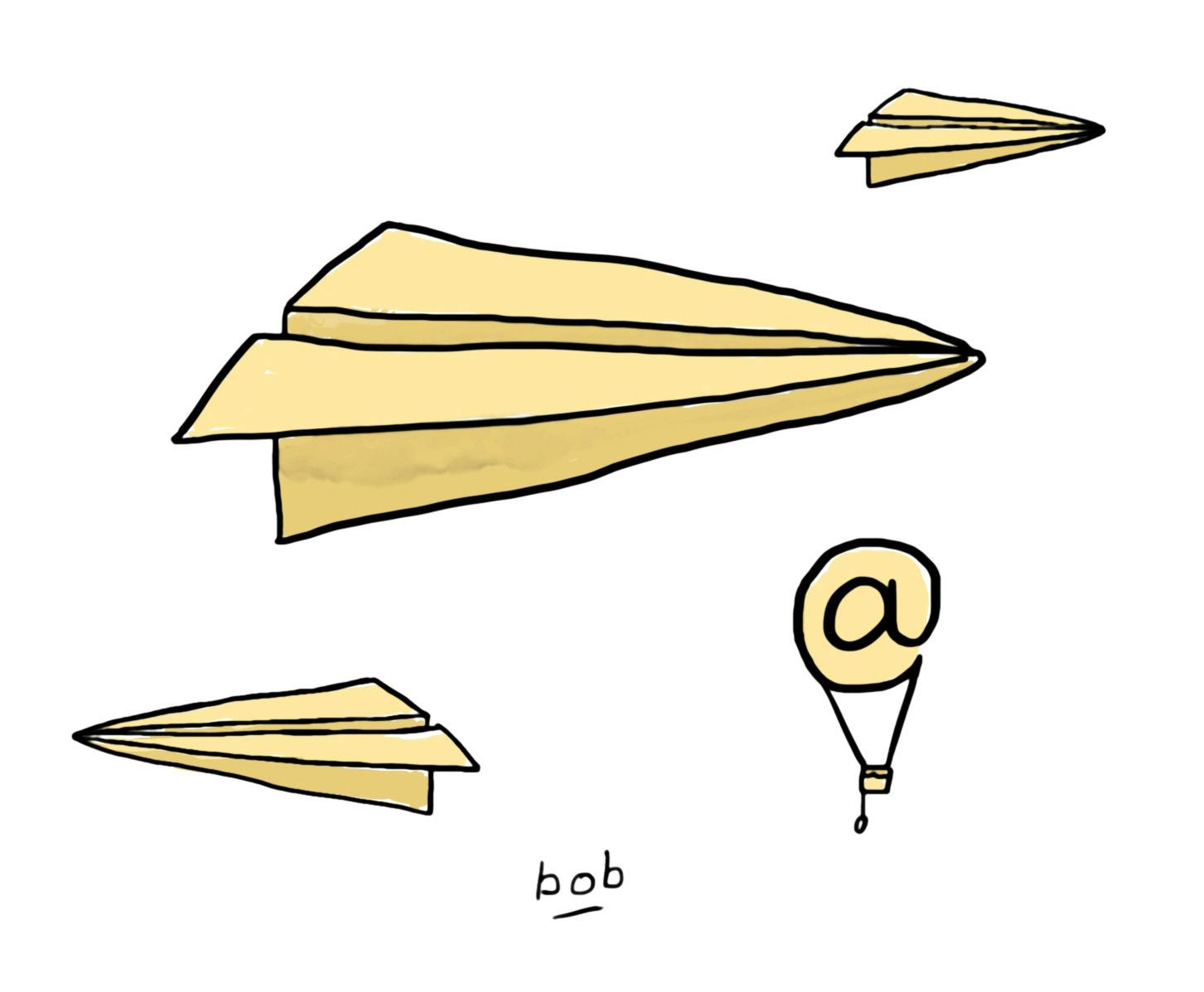 Cartoon by Bob Eckstein: three paper airplanes flying; in their airspace is a tiny hot air balloon made from an @ symbol.