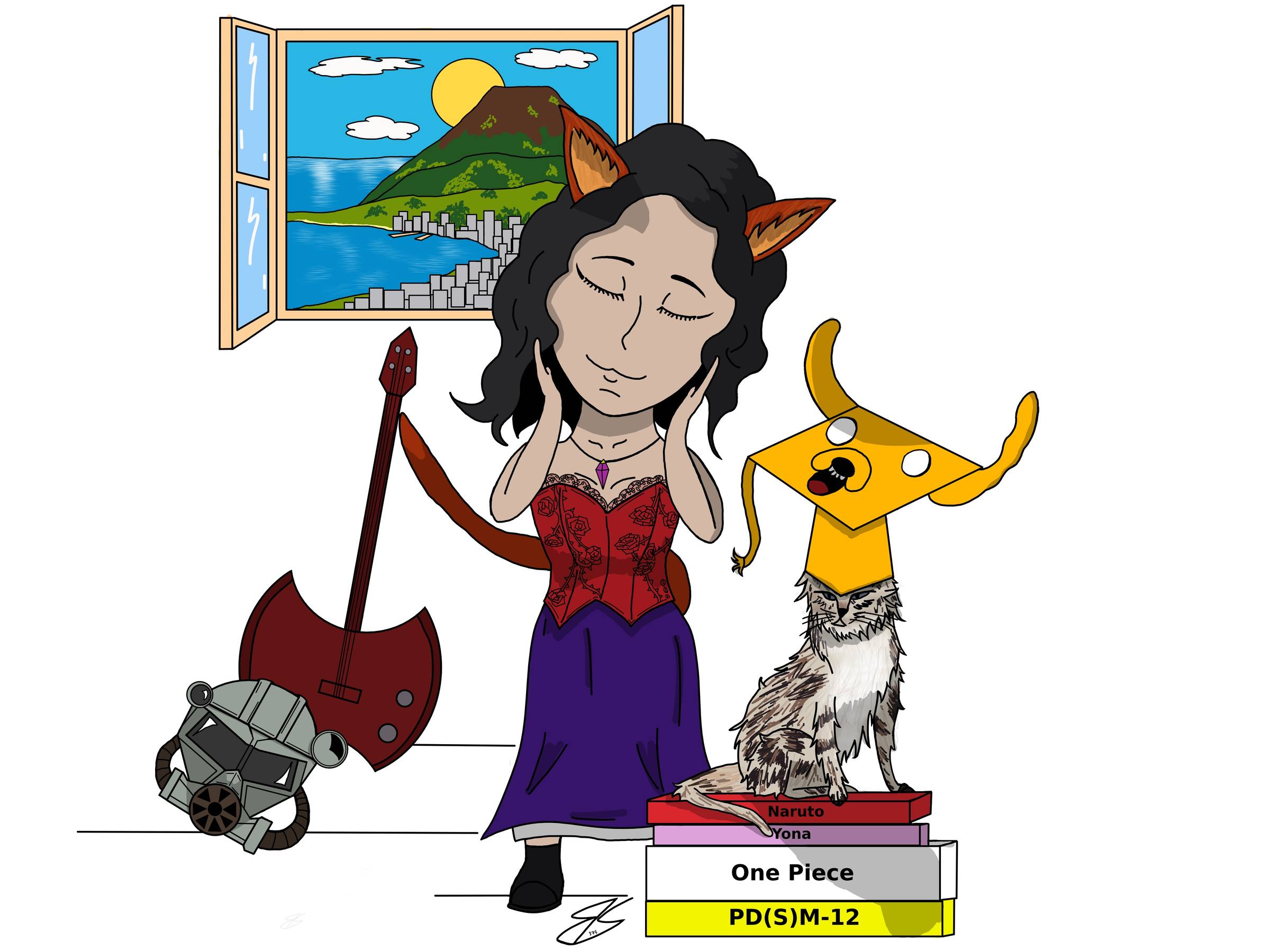 Illustrazione digitale caricaturale di una ragazza con orecchie e coda da gatto, vestita gotica. Davanti a lei, un gatto spelacchiato con in testa jake di Adventure Time sta imbronciato sopra quattro libri ((i titoli dal basso: PDSM-12, One Piece, Yona, Naruto). Dietro la ragazza si trovano il casco di una tuta corazzata di fallout e il basso di Marceline di Adventure Time, infine una finestra aperta sul Golfo di Napoli).