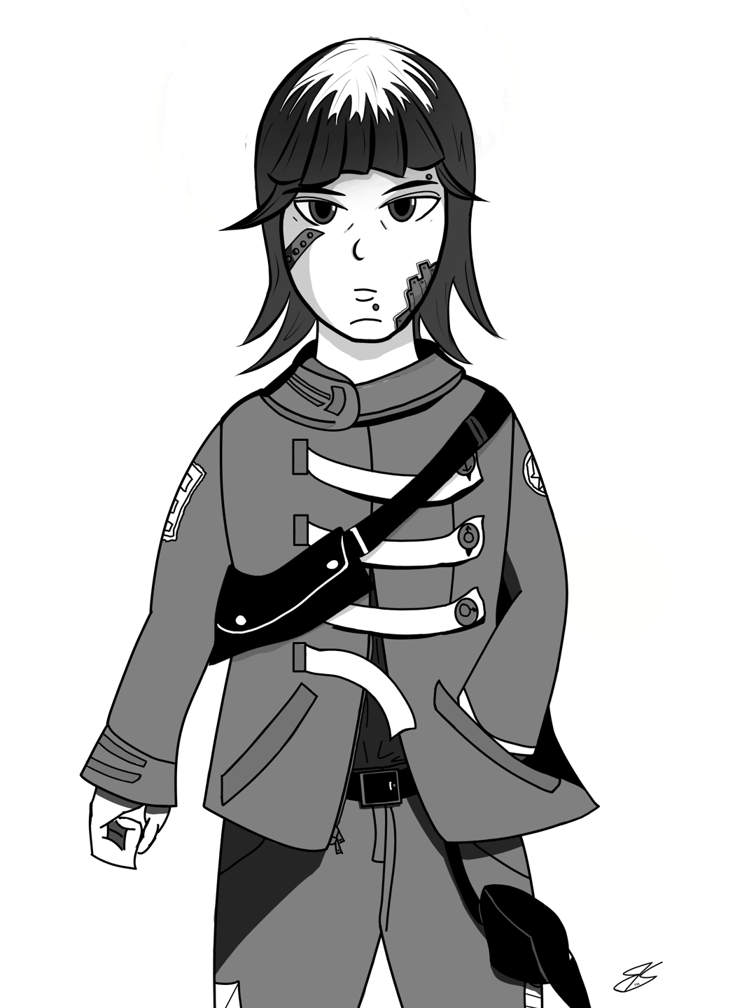 Illustrazione di una persona adolescente, con capelli lunghi e frangia, un cappotto militare mezzo sbottonato, un marsupio a tracolla e uno alla coscia. Sul viso ha due placche di metallo