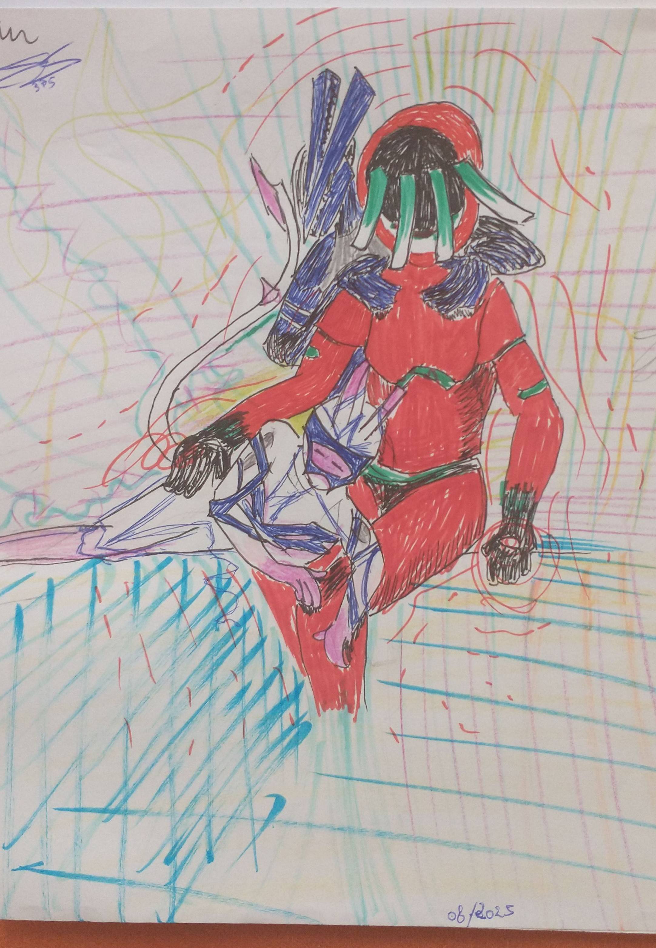 Sketch su carta dei tre mech di Heaven will be Mine: la Krun Macula, seduta, accarezza sul bacino la String of Pearls mentre la Mare Crisium fa un massaggio alle sue spalle. Tutto attorno griglie di luce di diversi colori e direzioni