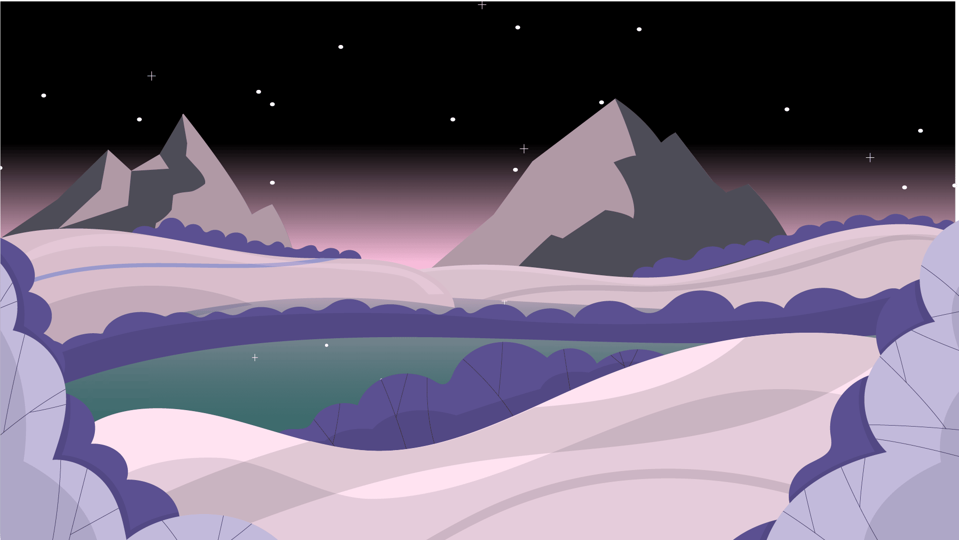 A view to a mountain landscape: purple and lilac bushes alternate with pink snow and a green pond in the center, which reflects the black starry sky. It seems sunrise, but the light that comes from the horizon is pink too.