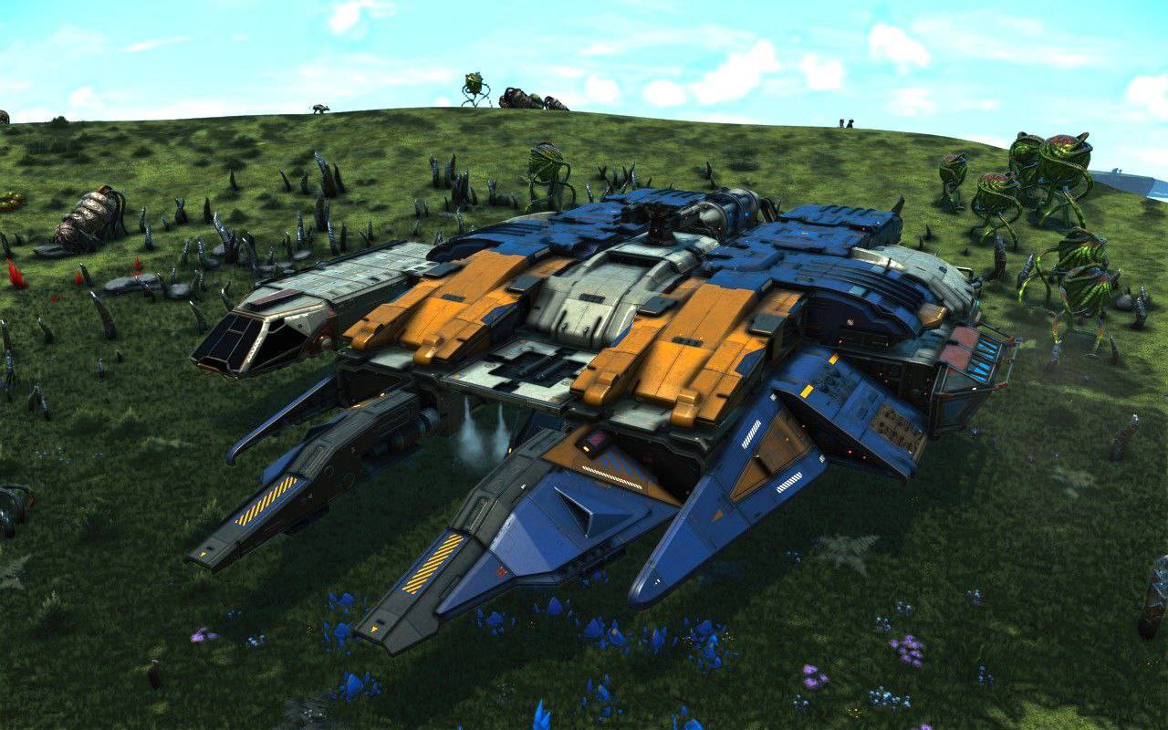 Screenshot di No Man's Sky: un'astronave grigia, arancio e blu costruita sul modello del Millennium Falcon.
