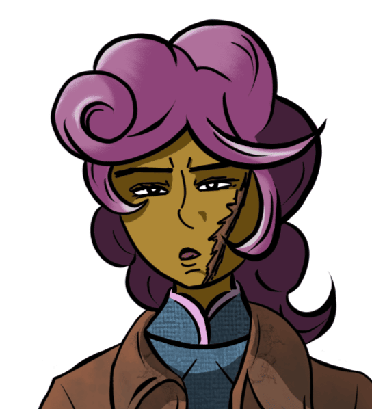 Faccia di Jungleland_73: carnagione scura, con una cicatrice verticale lungo la guancia, capelli arricciati viola, sguardo stizzito