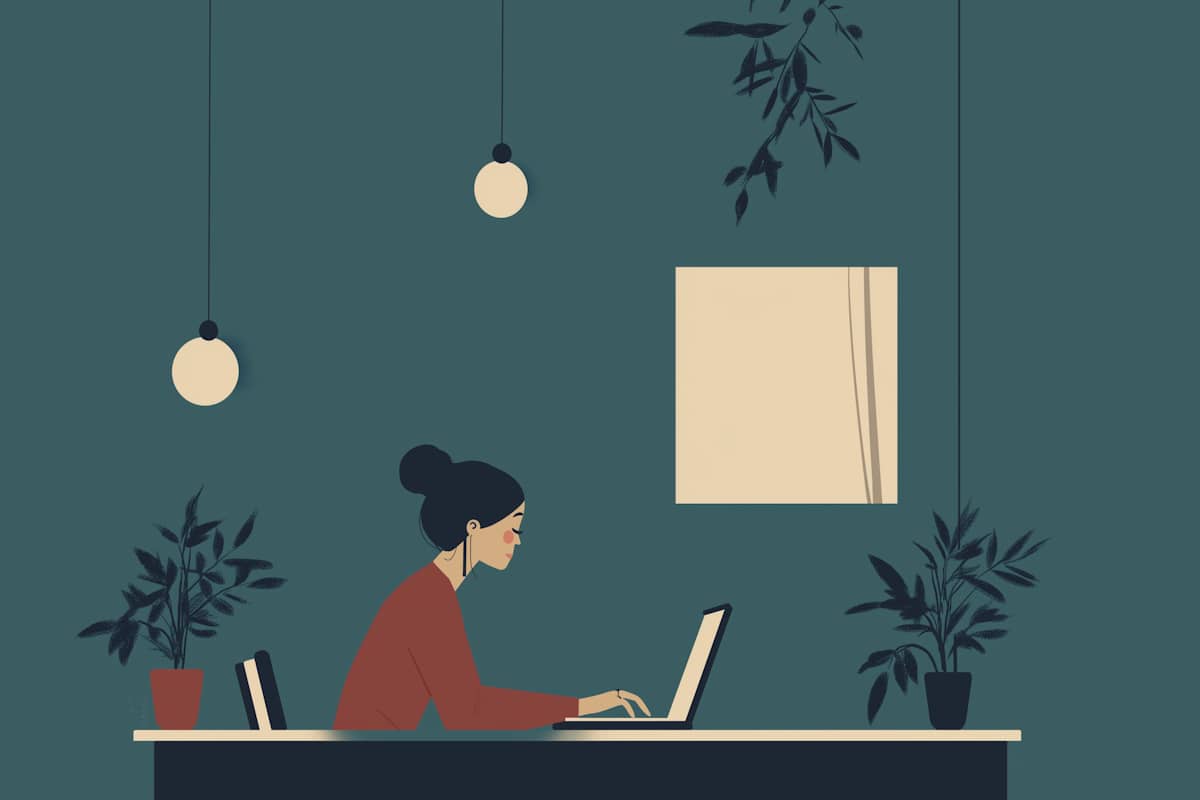Minimalist illustration of a woman working on a laptop in a serene, teal-toned room with plants and pendant lights.