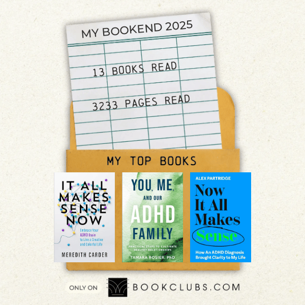 This is a photo of a library card that says 13 books and 3233 pages read. in a photograph of three ADHD-related books.