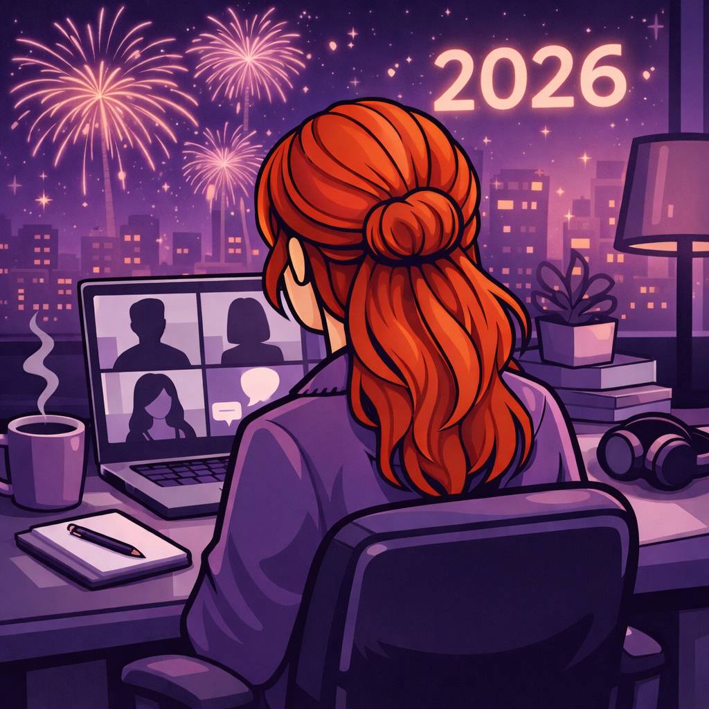 Woman with red hair on a video call, seated at a desk with coffee. Fireworks outside window. "2026" in sky. Mood: festive, cozy.