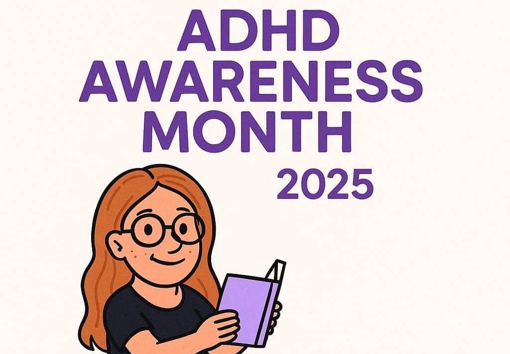 ADHD Awareness Month 2025 Cartoon of a redhead with glasses reading a purple book.