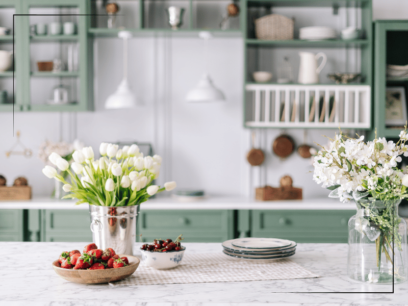 Kitchen countertop with flowers and fruit