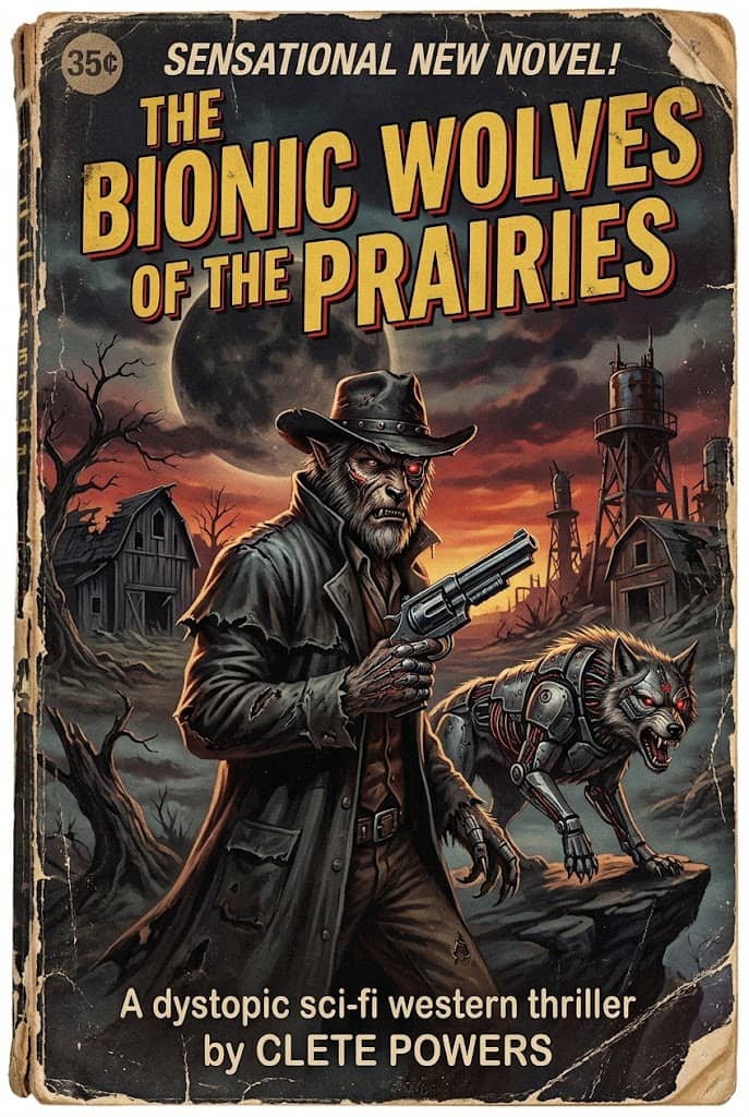 A pulp book cover: The Bionic Wolves of the Prairies