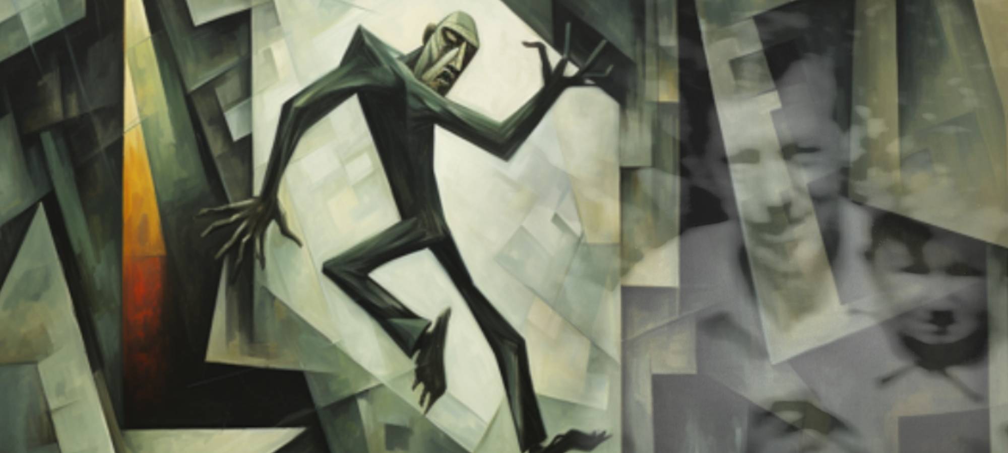 An illustration of a zombie in the style of Picasso with a photo of a man and child bleeding through