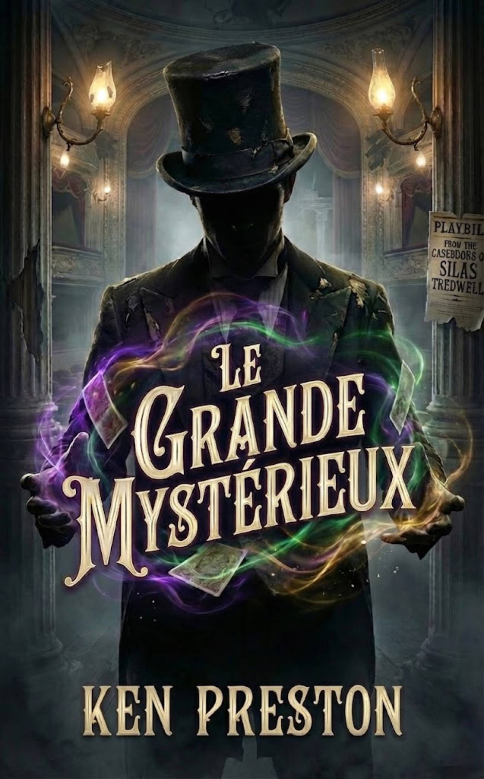 An illustration of a magician with cards, for the cover of Le Grande Mystérieux
