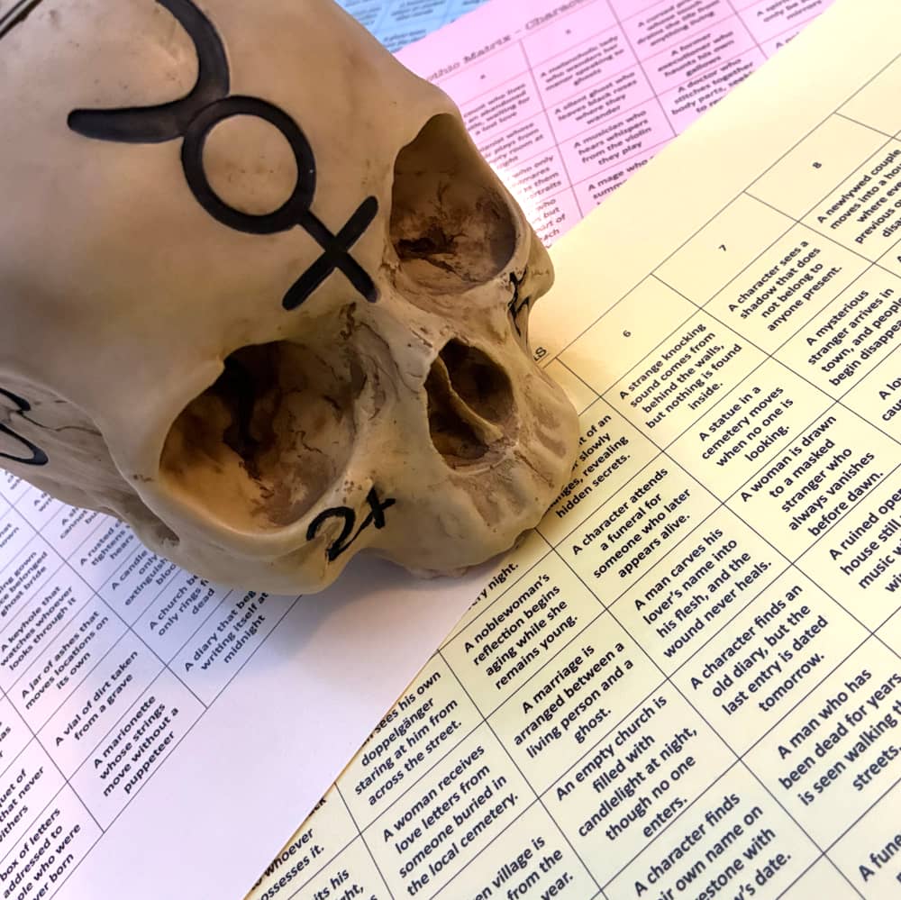 A skull sitting on top of the Gothic Story Matrix