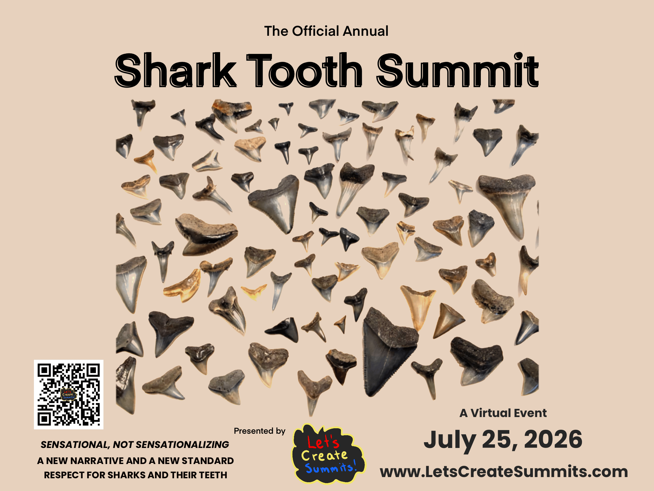 tan shark tooth summit logo with teeth and event details 