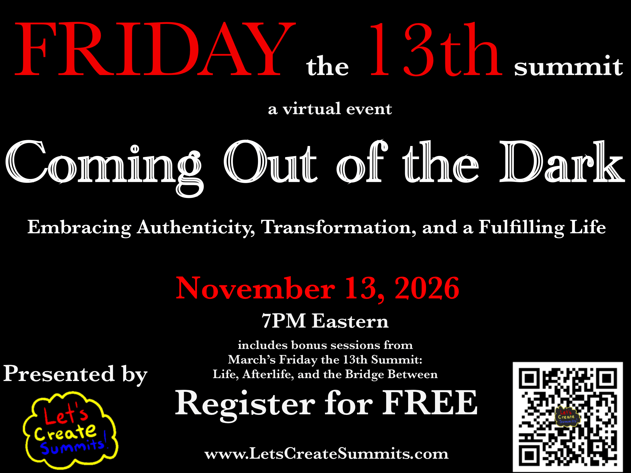 black background with red and white font describing Friday the 13th event 
