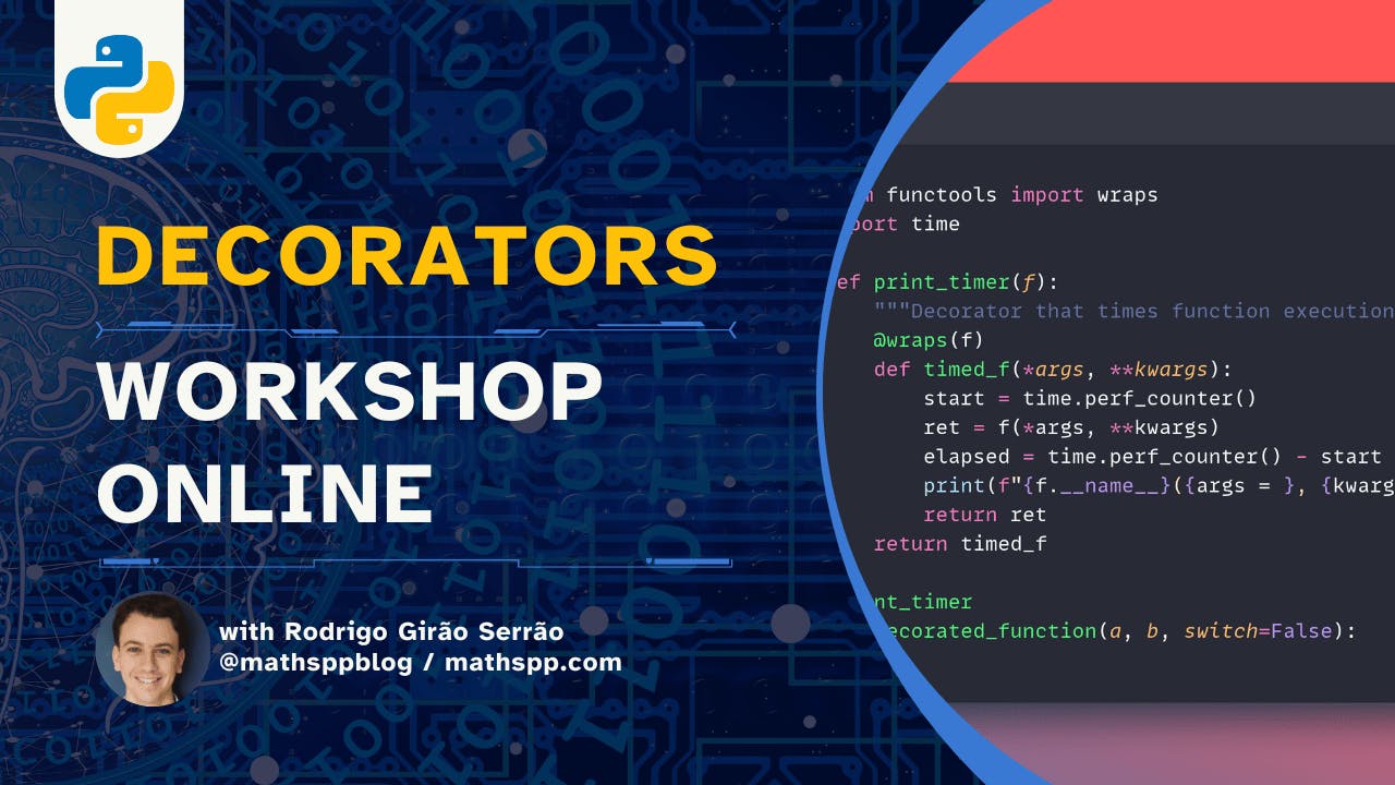 The poster for the decorators workshop with the title, my name, and an example piece of code with a decorator.