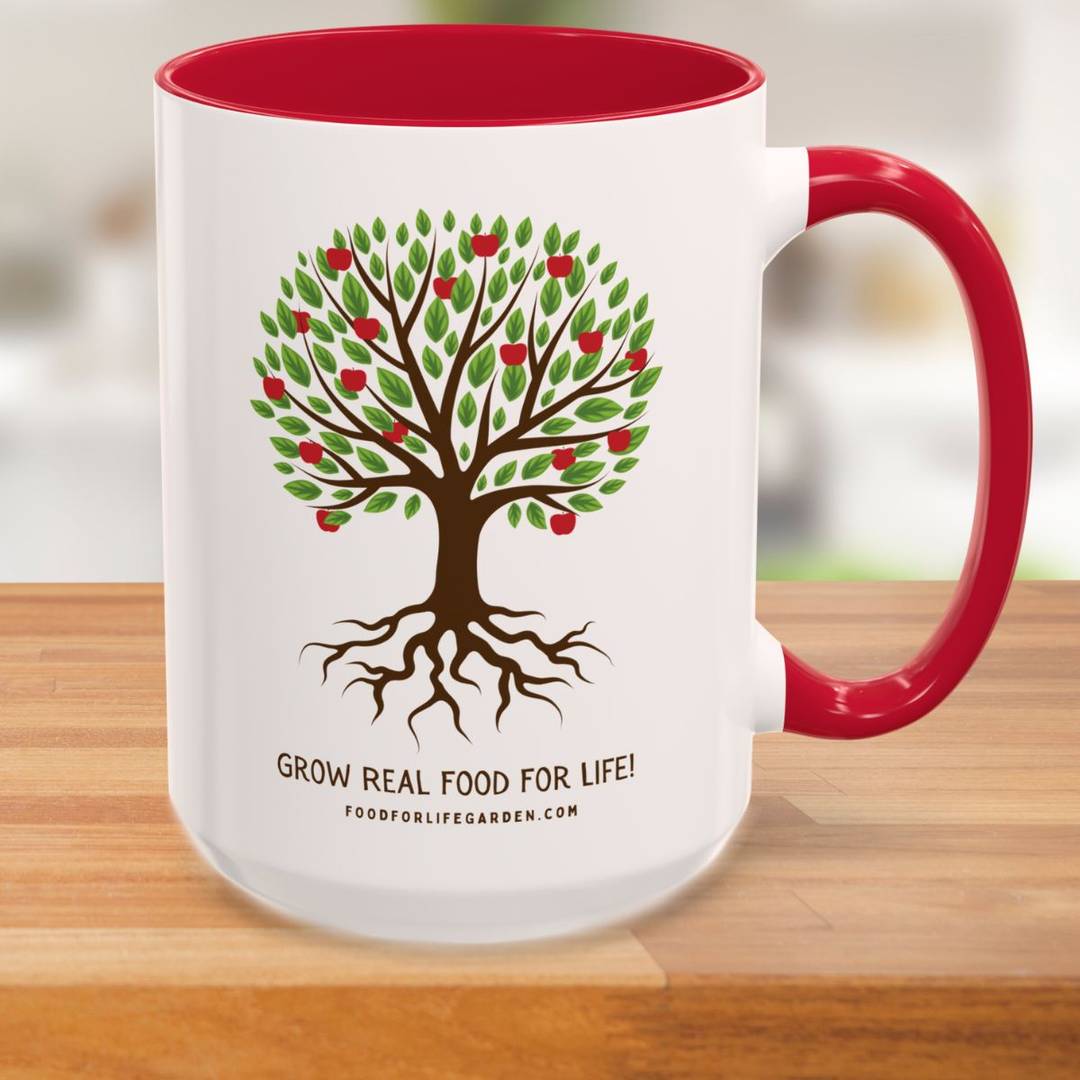 Foodforlifegarden mug on a butcher block