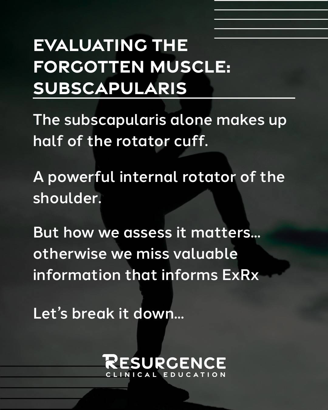 The subscapularis is an important area to evaluate for anyone with RCRSP, shoulder instability, or any athlete engaging in overhead sports.

Don’t make the same mistake I did early in my career in missing valuable information about the loading capacity of this powerful shoulder stabilizer.

Understand the anatomy, compensatory patterns, and how to reliably assess it.

#shoulderrehab #clinicaleducation #athleticshoulders