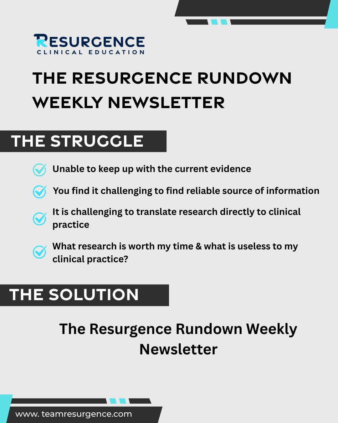 The Resurgence Rundown is the easiest way to stay current with clinical evidence.

It could not be easier. Sign up to get an article breakdown and insight on how to integrate the evidence into your clinical practice.

Join the Resurgence now and elevate your clinical practice 🤘