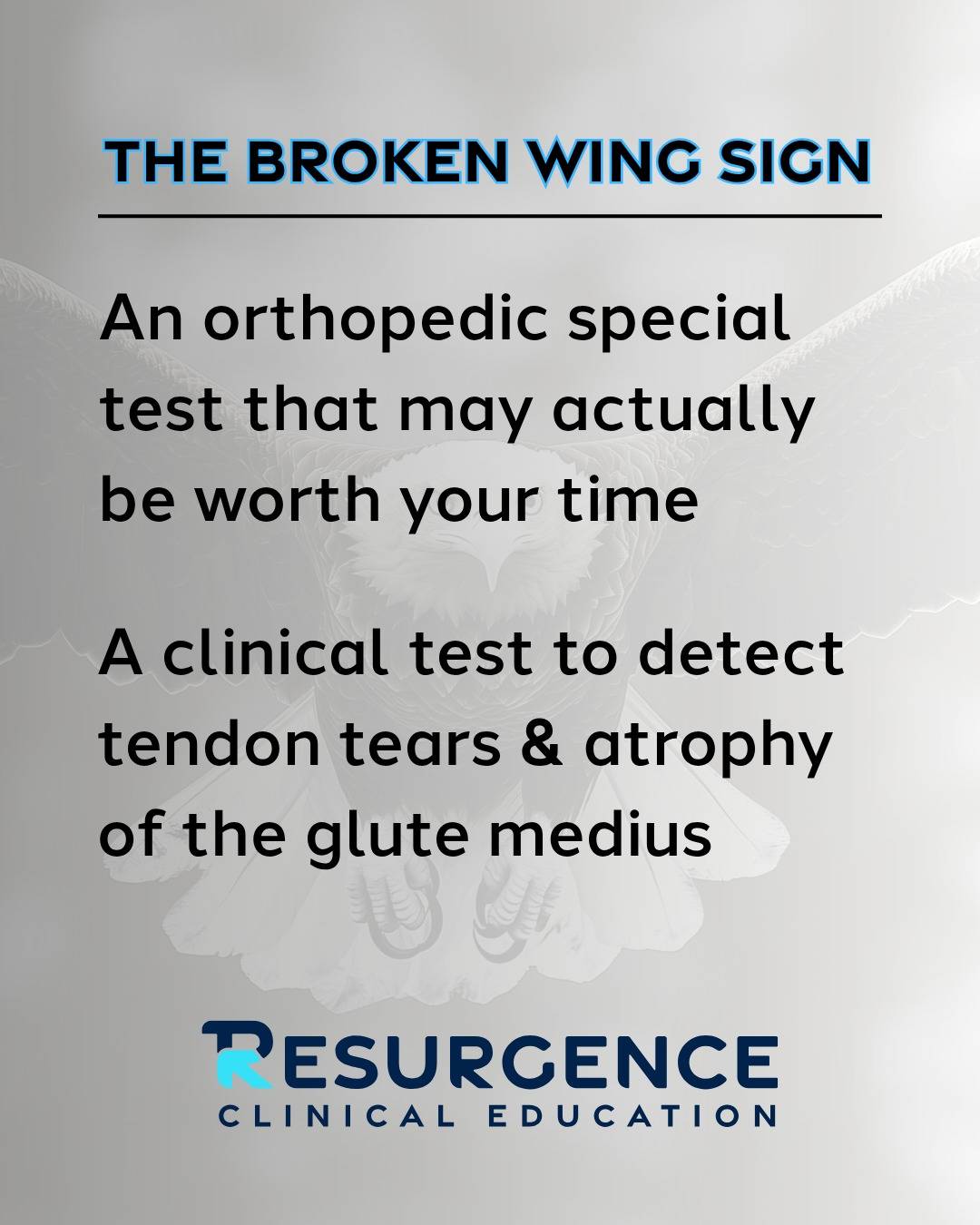 The Broken Wing Sign.

A highly specific and sensitive test to detect atrophy and tendon tears within the glute medius.

Simple, easy to perform, and clinically pragmatic. 

Certainly one to add to the clinical tool box.

Study Citation
Sierra RJ, Guarin Perez SF, Restrepo DJ, Howe BM, Tai TW. The Broken Wing Sign: A New Clinical Test to Detect Gluteus Medius Pathology with and without Fatty Infiltration. J Bone Joint Surg Am. 2025 Nov 5;107(21):2359-2364. doi: 10.2106/JBJS.25.00427. Epub 2025 Sep 12. PMID: 40938961.

Image Credit:
Dr. Allison Grimaldi
https://dralisongrimaldi.com/