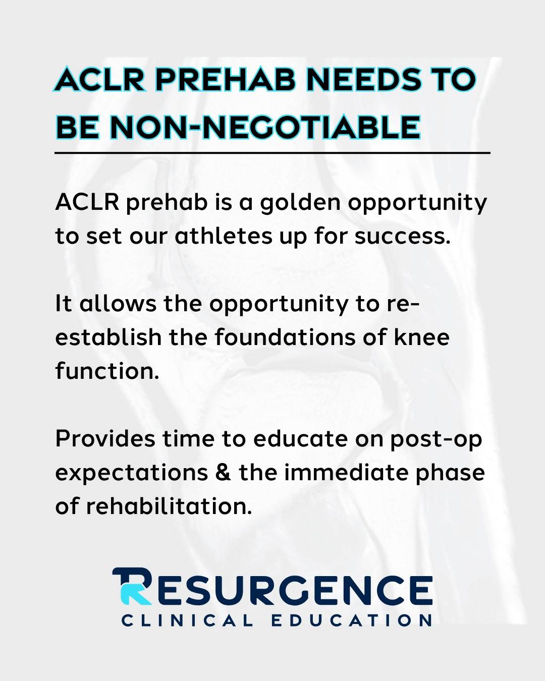 ACLR prehab needs to be a non-negotiable part of the ACLR rehab process.

A tremendous amount can be done pre-operatively to optimize post-operative outcomes, and when they are not done, it is typically evident.

ACLR Prehab Checklist
- 80% knee extensor LSI
- Full knee ROM
- Eliminate/minimize effusion and knee pain
- Optimize ADL function
- Address arthorgenic muscle inhibition

#aclrprehab #sportsphysio #clinicaleducation