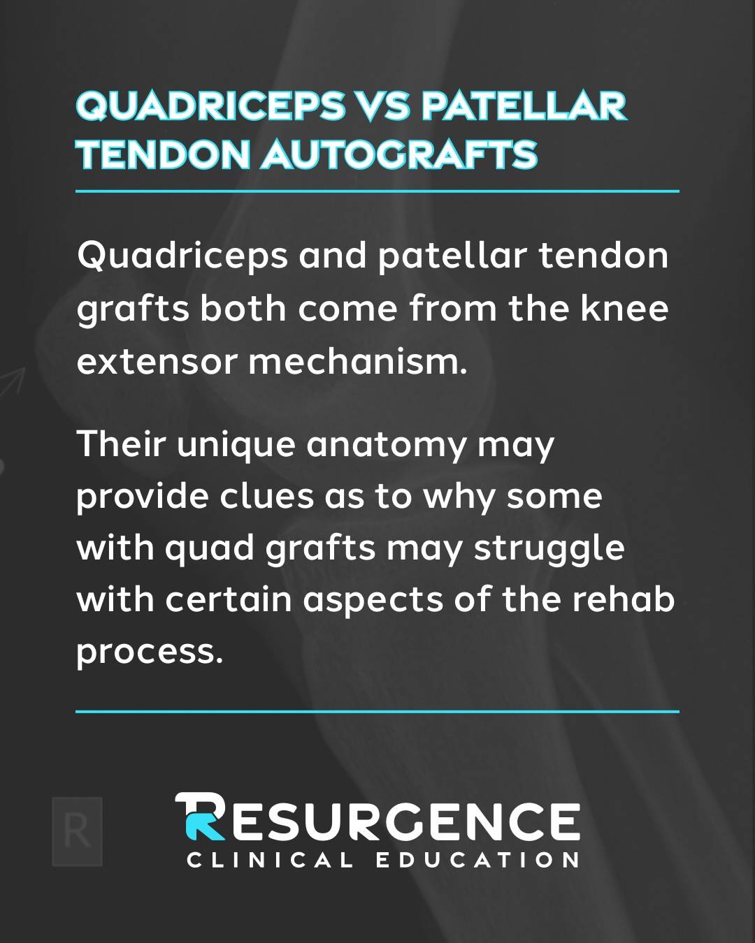 Quad tendon and patellar tendon autografts present their unique challenges to ACLR rehab.

Different anatomical features of each strongly dictate their ability to transmit load especially when a piece of the tendon is excised to now be their new ACL.

To be very clear each graft presents its challenges but understanding or at least attempting to understand why certain grafts behave different than others is essential to clinical decision making, exercise prescription and so much more.

If you are interested in learning more check out my course on ACLR rehab, where I break down each graft type and the implications of each for ACLR rehab