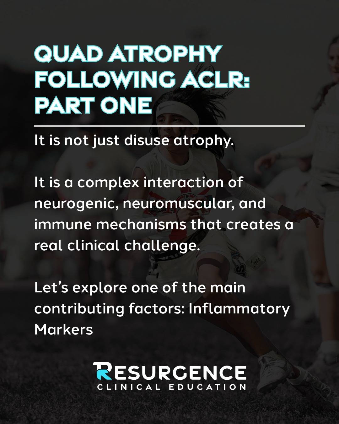 Quadriceps atrophy deserves our immediate attention following ACLR.

This four-part series will look at the factors contributing to quad atrophy following ACLR. 

Today, we examine the role of inflammatory markers and how we can support our athletes in managing inflammation.

Key Points
✅ Inflammatory markers like myostatin and TGF-β contribute to immediate cellular mechanisms that contribute to muscular atrophy

✅ Inflammation is essential to tissue repair and healing, but we need to ensure the inflammatory response is not excessive nor prolonged

✅ There are several ways we can support athletes to ensure inflammation is routine and not problematic

Article Citation
Lepley LK, Davi SM, Burland JP, Lepley AS. Muscle Atrophy After ACL Injury: Implications for Clinical Practice. Sports Health. 2020 Nov/Dec;12(6):579-586. doi: 10.1177/1941738120944256. Epub 2020 Aug 31. PMID: 32866081; PMCID: PMC7785904.