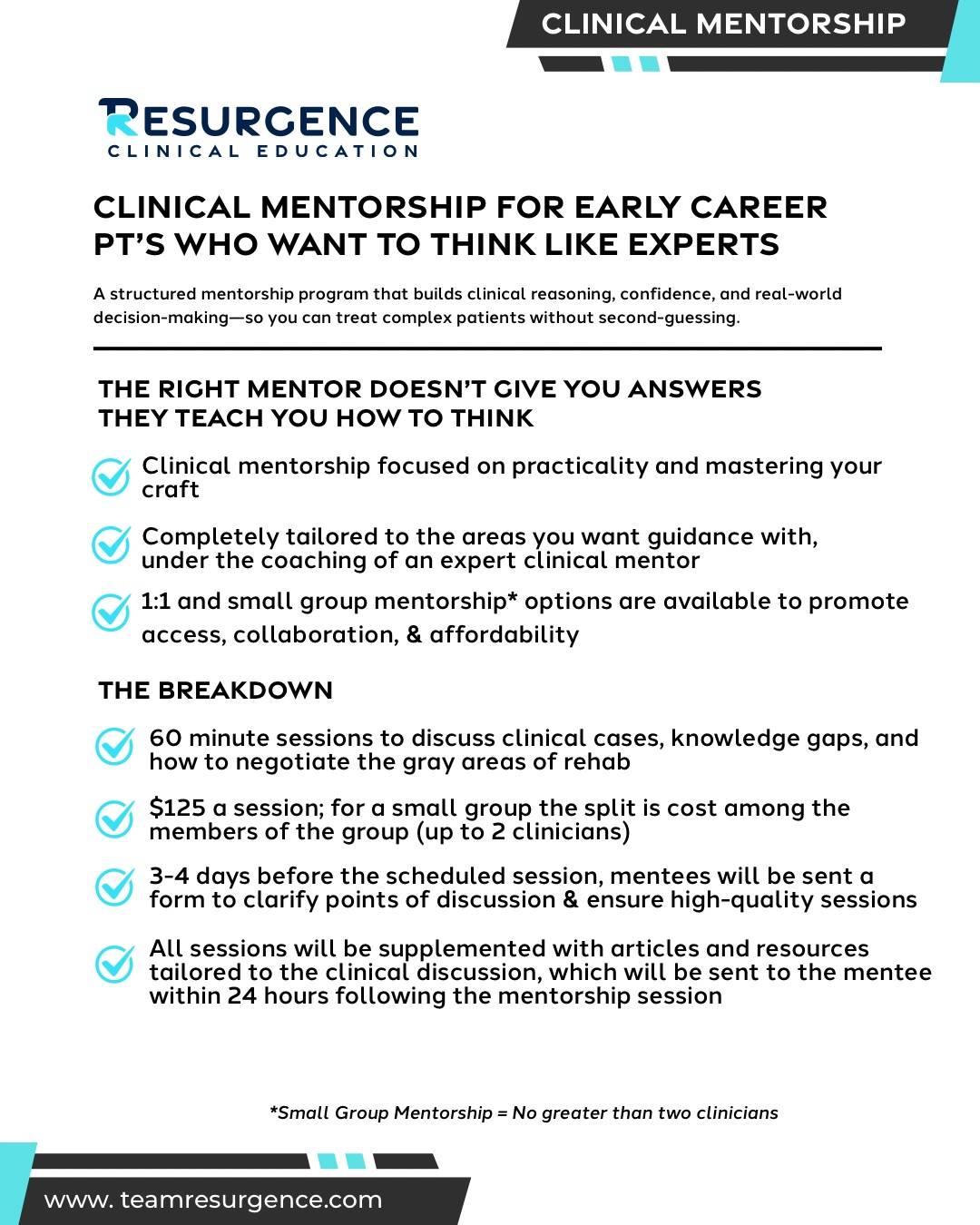 Mentorship has been an invaluable part of my development in every aspect of life including my clinical practice.

I am excited to be able to offer high quality mentorship opportunities for those looking to truly elevate their clinical practice.

I have had the unique privilege to mentor DPT students, residents, and fellows in training for most of my career helping them to navigate challenging cases and clinical concepts.

School teaches you how to treat safely, not effectively or with expertise. The goal of mentorship with me is to provide you with the tools, skills, confidence, and thought process to attack clinical care and develop world class clinicians.

No course can teach you how to think, how to navigate obstacles and gray areas in practice. 

Mentorship can.

If this hits home sign up in the link in the bio and take the first step to elevating your practice 👊🏻