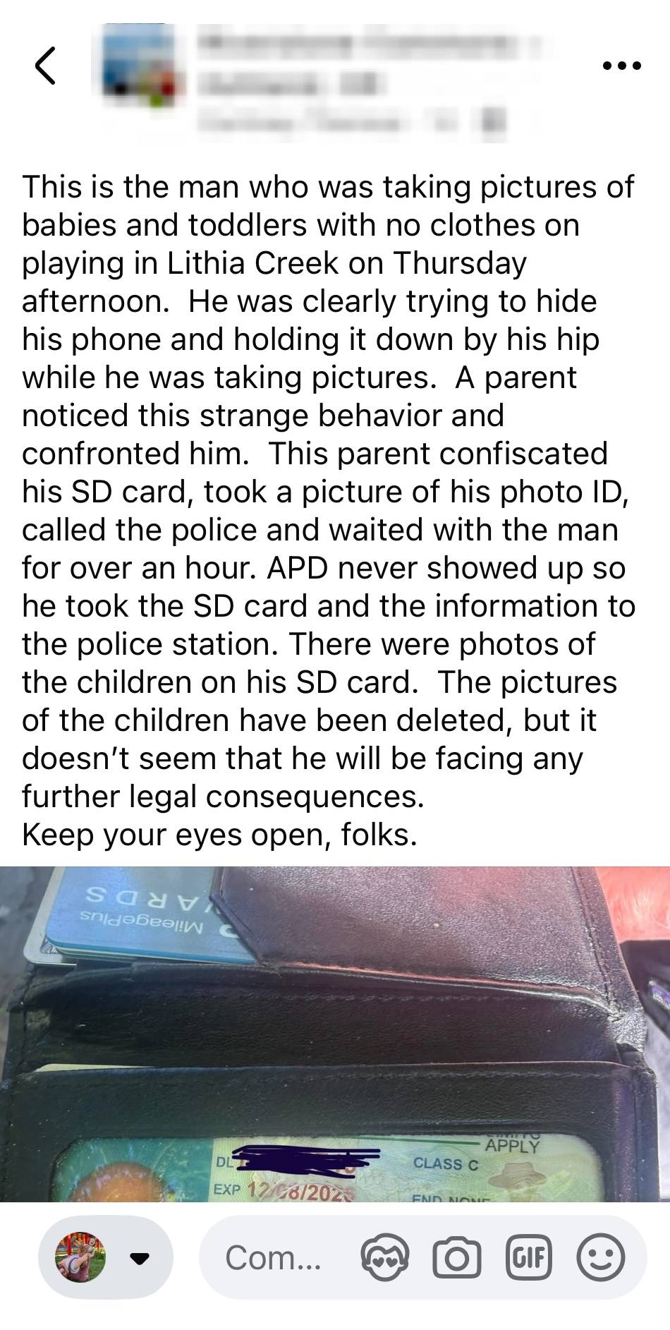 A concerned mother's social post about a pedophile incidence at a park in her community