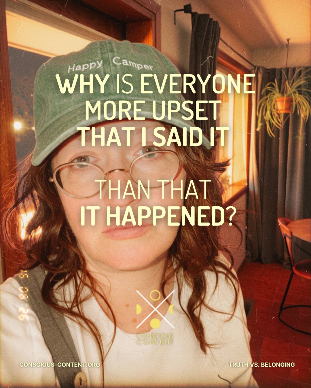 Woman in happy camper hat visibly disappointed 