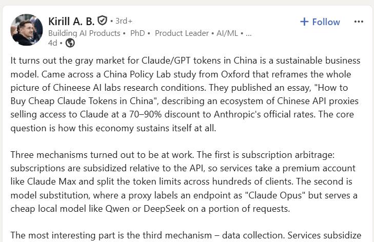 Three mechanisms turned out to be at work. The first is subscription arbitrage: subscriptions are subsidized relative to the API, so services take a premium account like Claude Max and split the token limits across hundreds of clients. The second is model substitution, where a proxy labels an endpoint as "Claude Opus" but serves a cheap local model like Qwen or DeepSeek on a portion of requests.