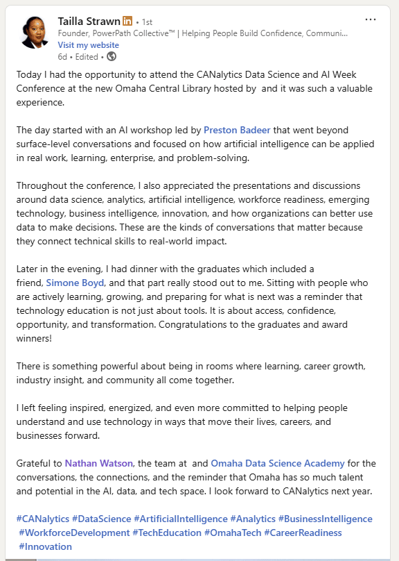 Tailla S. posted on LinkedIn: Today I had the opp to attend the CANalytics Conference! 