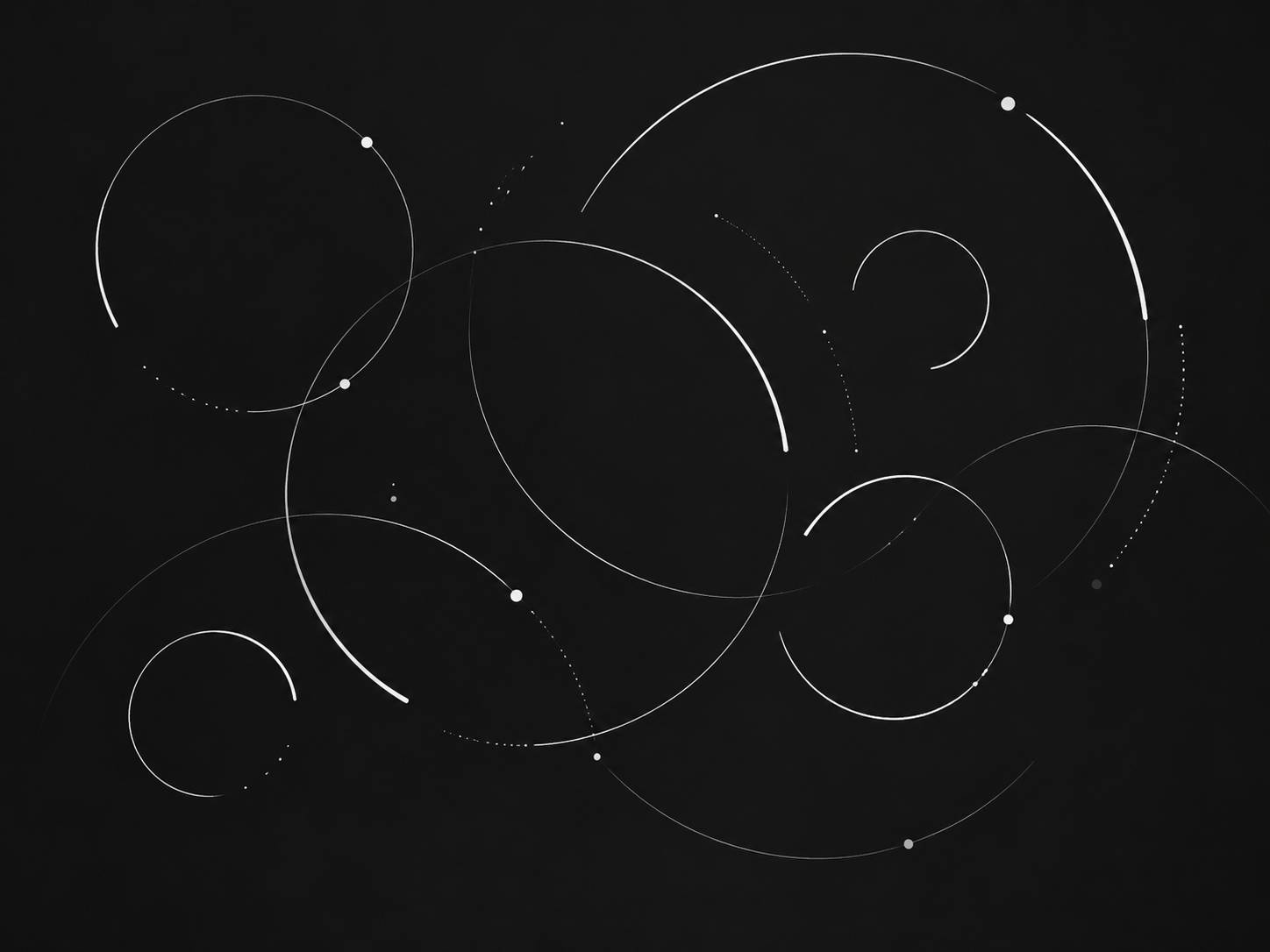 Abstract black-and-white image on a dark background featuring several thin, incomplete white circular loops and arcs of varying sizes, with small dots marking points along the paths. The open-ended circles suggest unfinished thoughts or tasks being held i