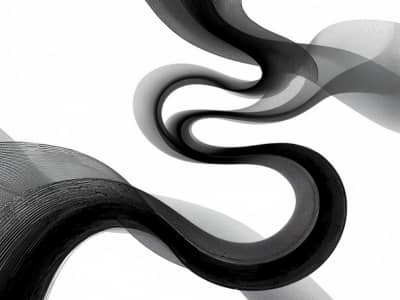 A black and white abstract illustration of a bold, flowing S-shaped ribbon or band. The thick, curved form winds sinuously from the lower left to the upper right of the frame, creating smooth, sweeping loops with a dimensional quality. The layered, overla