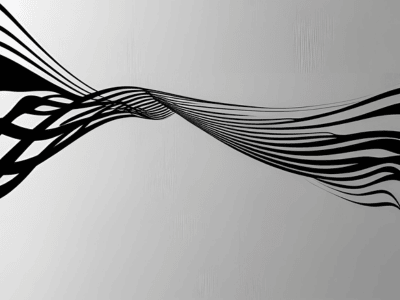 Abstract black and white image featuring flowing curved lines that create dynamic movement. Bold black stripes converge at the center then spread outward across a light gray background, creating an elegant minimalist design with a sense of motion and dept
