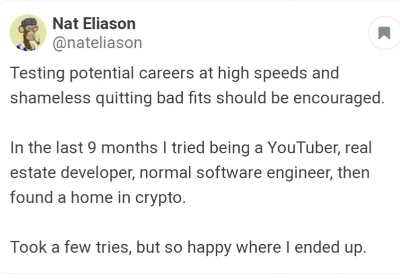 A Nat Eliason quote on urgency, testing careers, and happiness.