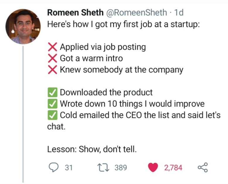 A Romeen Sheth quote about landing a startup job