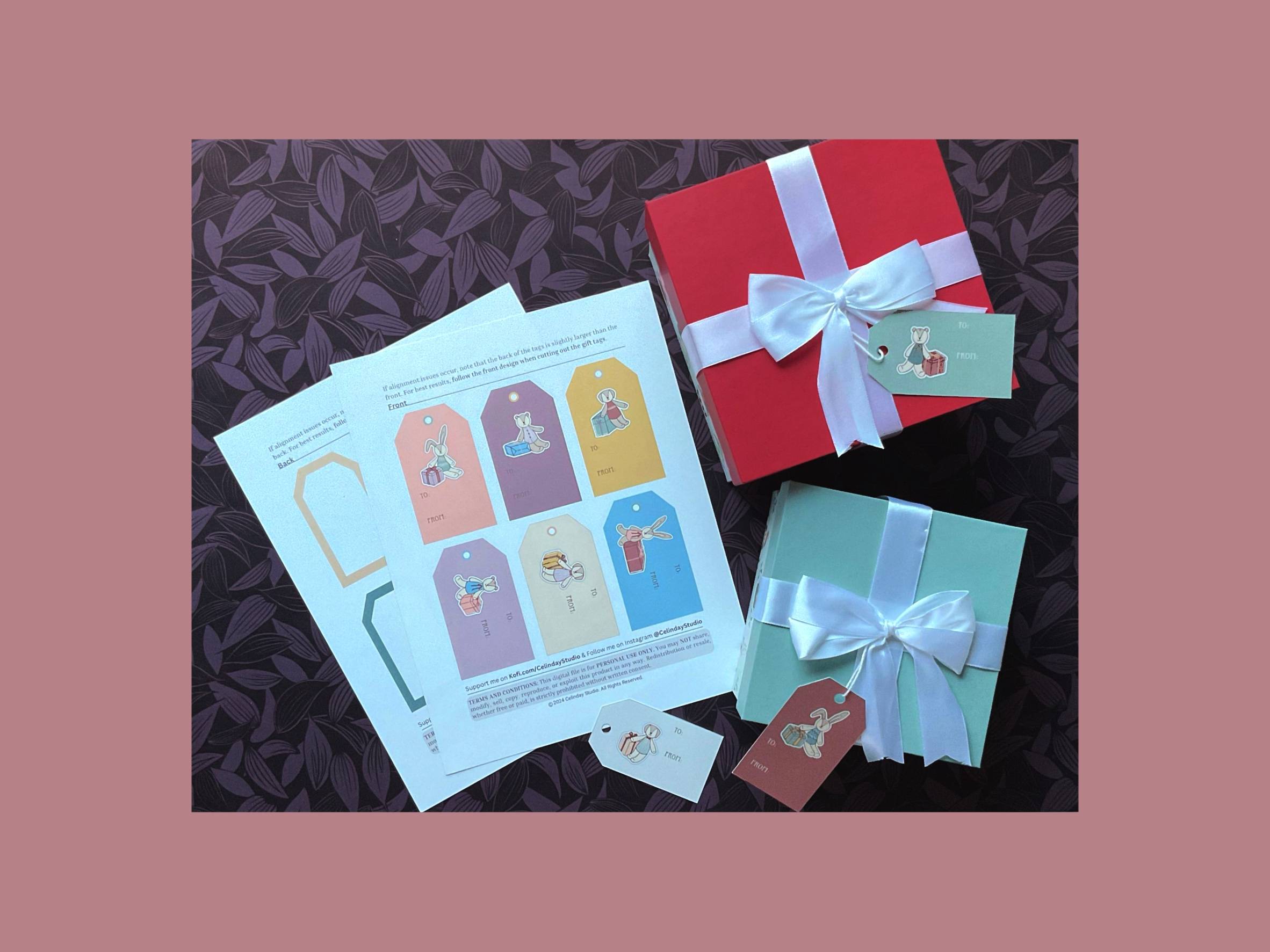 Holiday-themed printable gift tags from Celinday Studio, featuring front and back designs with adorable stuffed animal motifs. The sample tags are shown tied onto festive gift boxes.