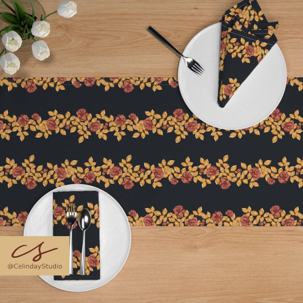 Table setting mockup featuring the elegant 'Party Rose Garland' design by Celinday Studio. Explore this exquisite pattern on Spoonflower for fabrics, wallpaper, and home decor. Perfect for adding a touch of sophistication to your living space or party decor