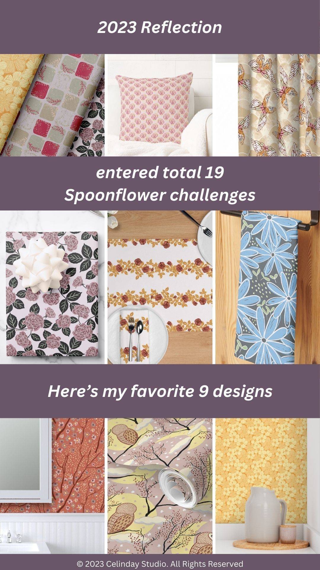 My favorite 9 designs entered for Spoonflower challenges in 2023. ©2023 Celinday Studio. All Rights Reserved.