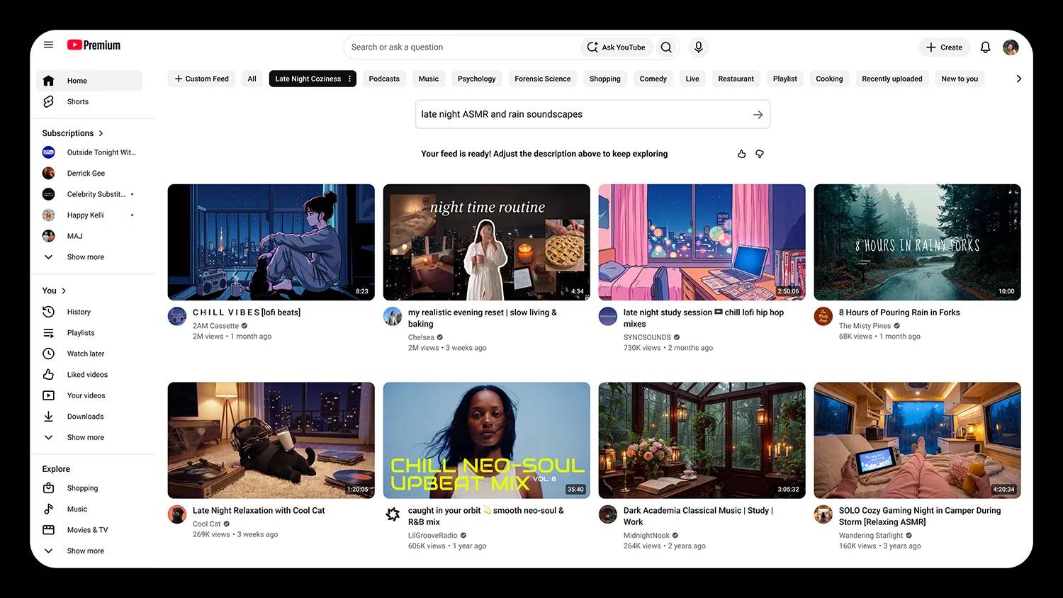 YouTube custom feed for late-night ASMR and rain soundscapes